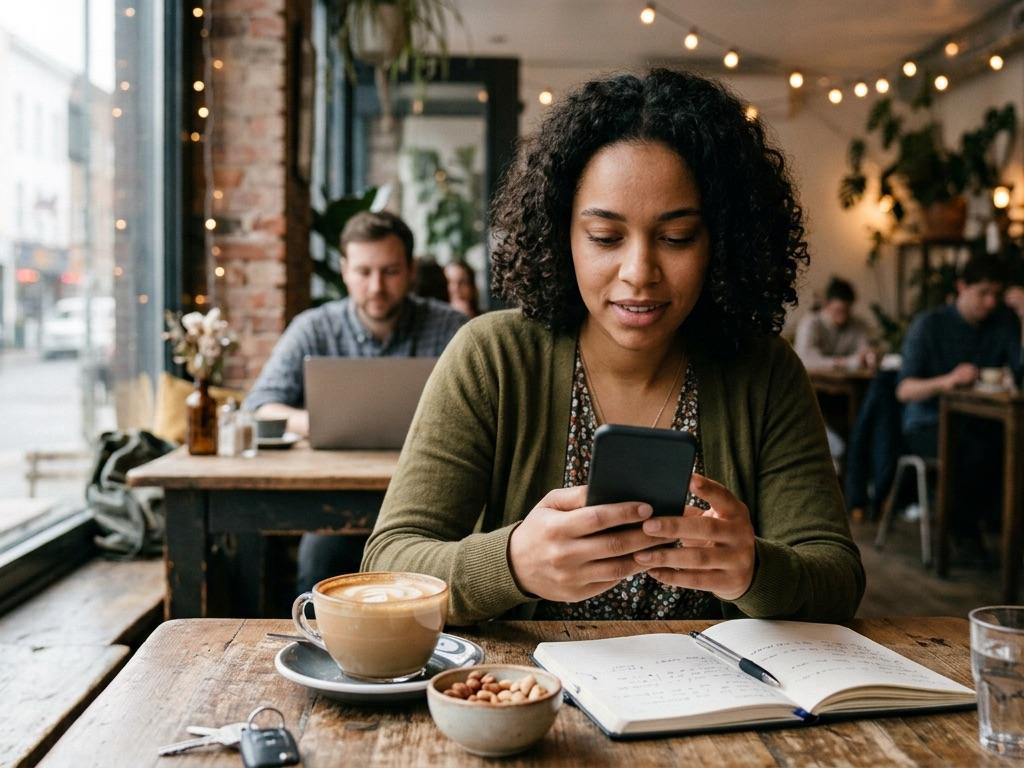A woman at a cafe window table looking at her phone, a latte and a bowl of nuts beside an open notebook