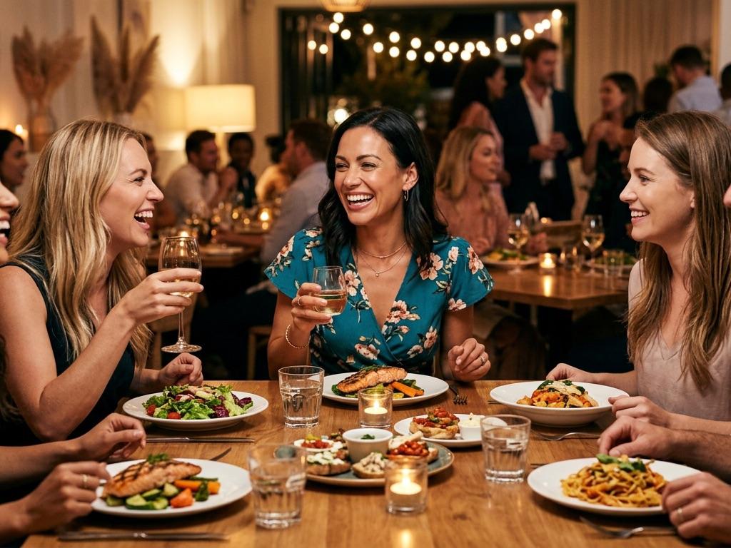 Five friends laughing over dinner at a restaurant table set with salmon, salad and pasta