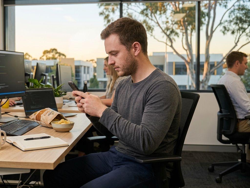 A man at an office desk logging a snack on his phone, a bowl of chips beside him