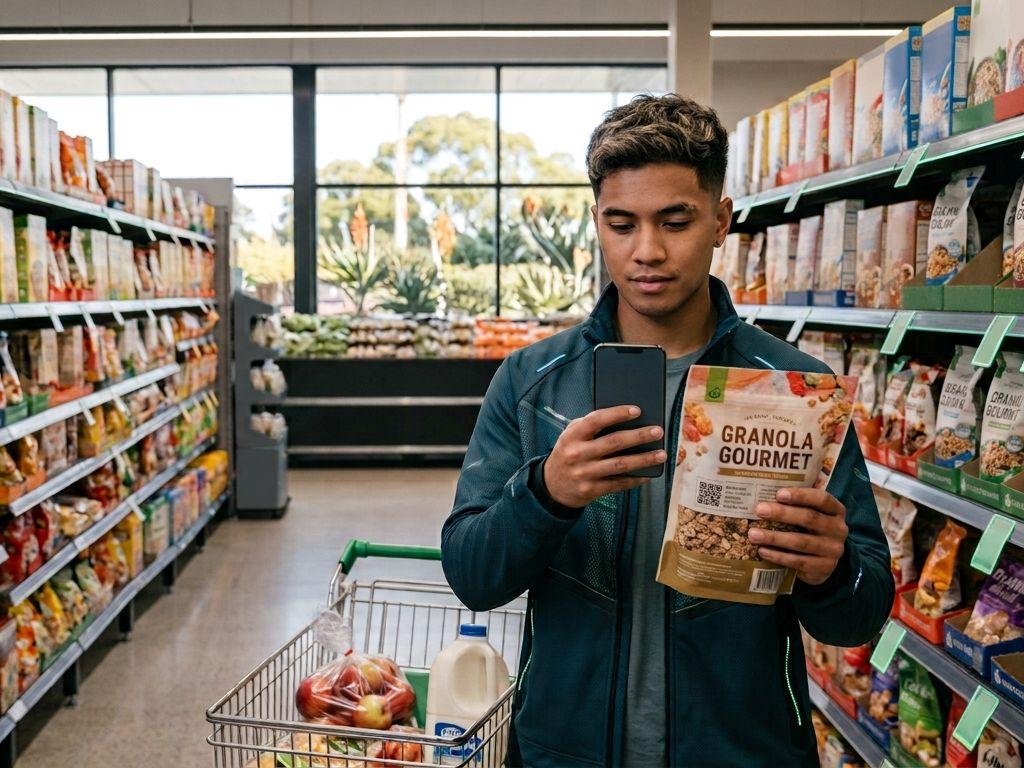 A shopper in a supermarket aisle holding a phone up to a packet of granola