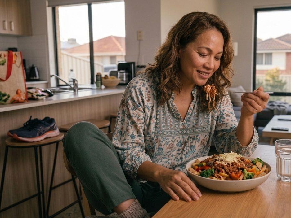 A woman eating a bowl of pasta at her kitchen table, running shoes on a stool behind her