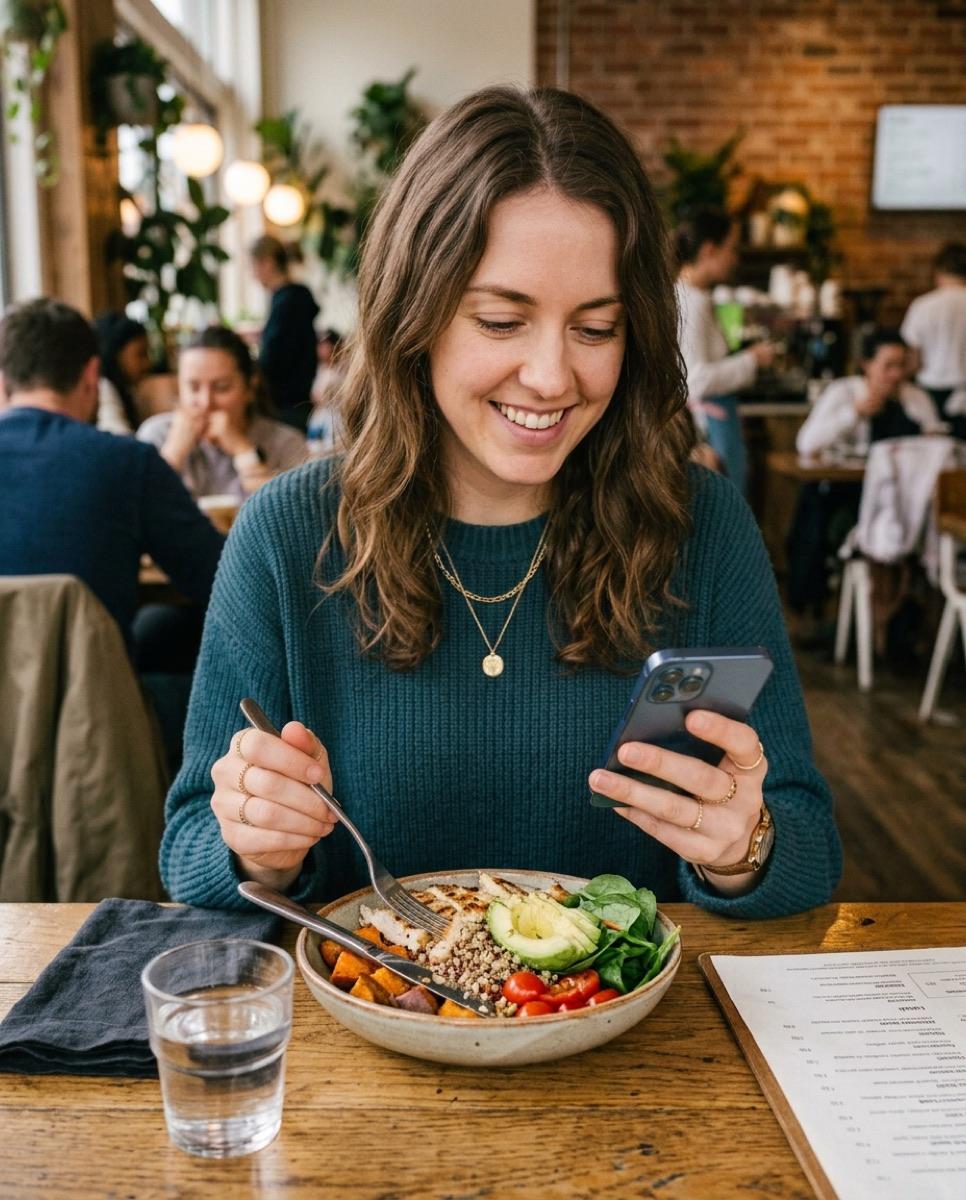 A woman smiling at her phone over a grain bowl in a cafe, mid-lunch